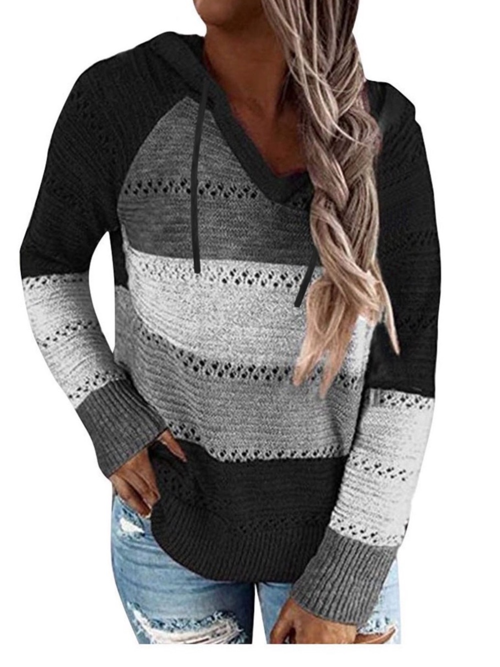 Striped V-Neck Hoodie Sweater - Black & Gray